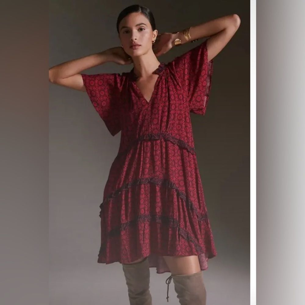 By Anthropologie Robin Tiered Mini Dress, size  S, Color Red and Black.